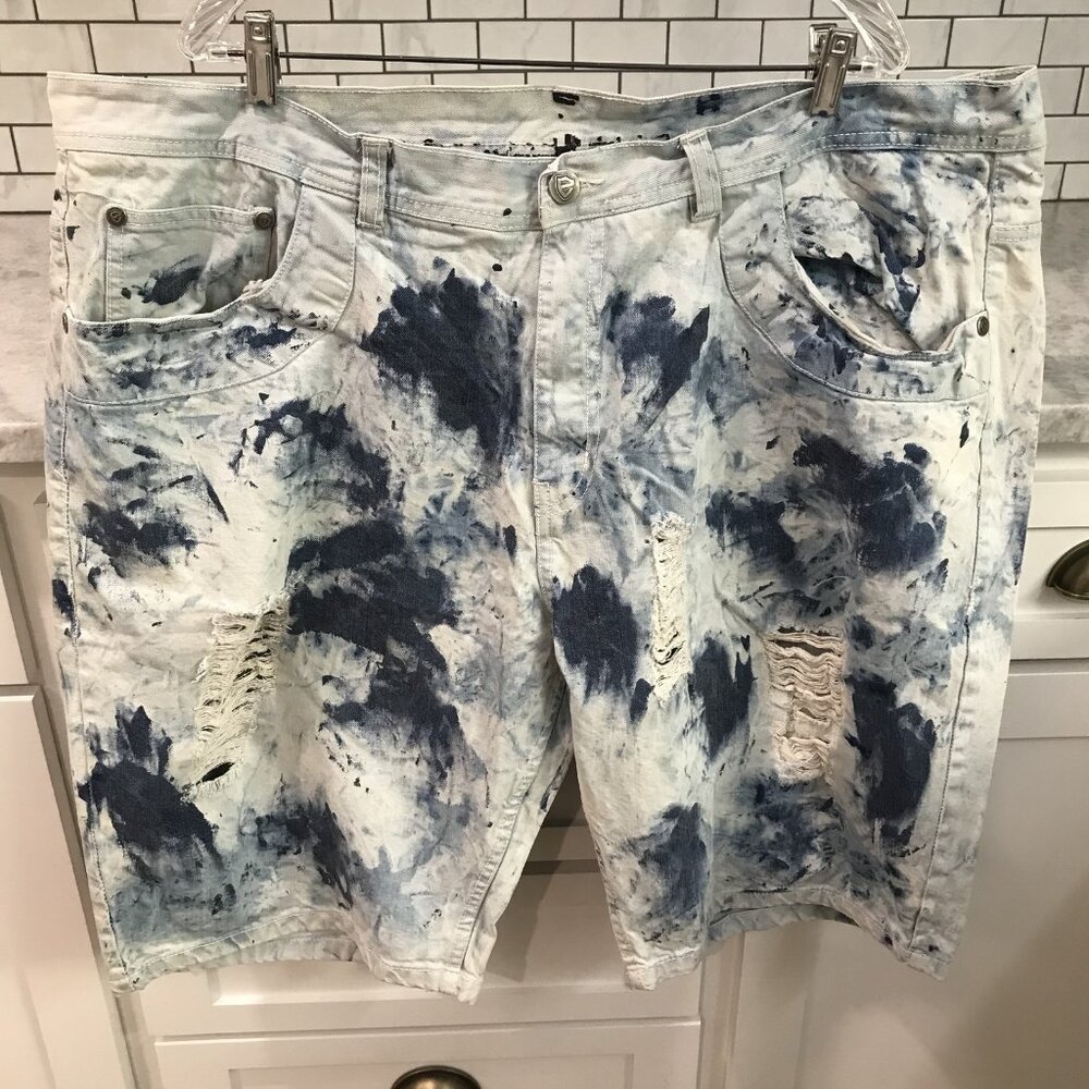 Encrypted Denim Shortsβ Mens 46 Distressed Denim Bleach Tie Dye Streetwear Jean